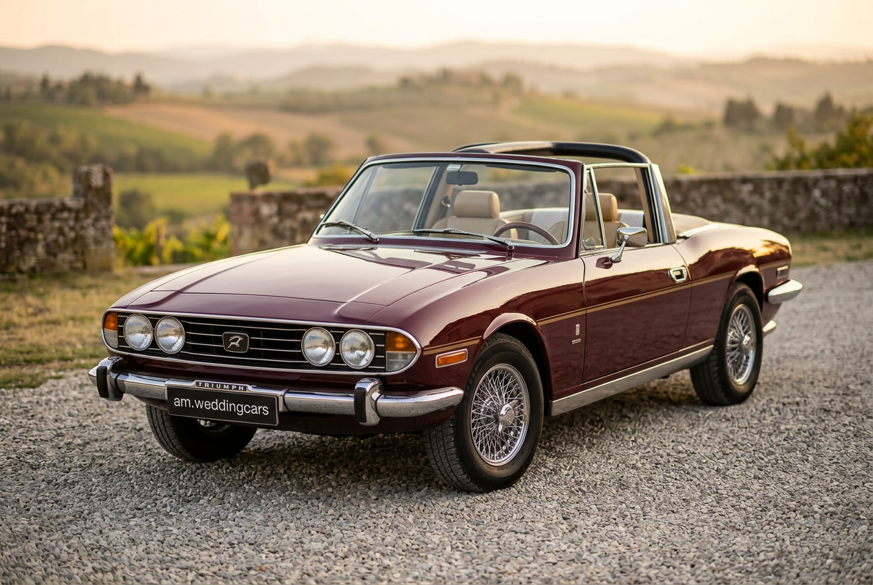 Triumph Stag descapotável bordeaux 1972 com jantes de raio, A&M Wedding Cars